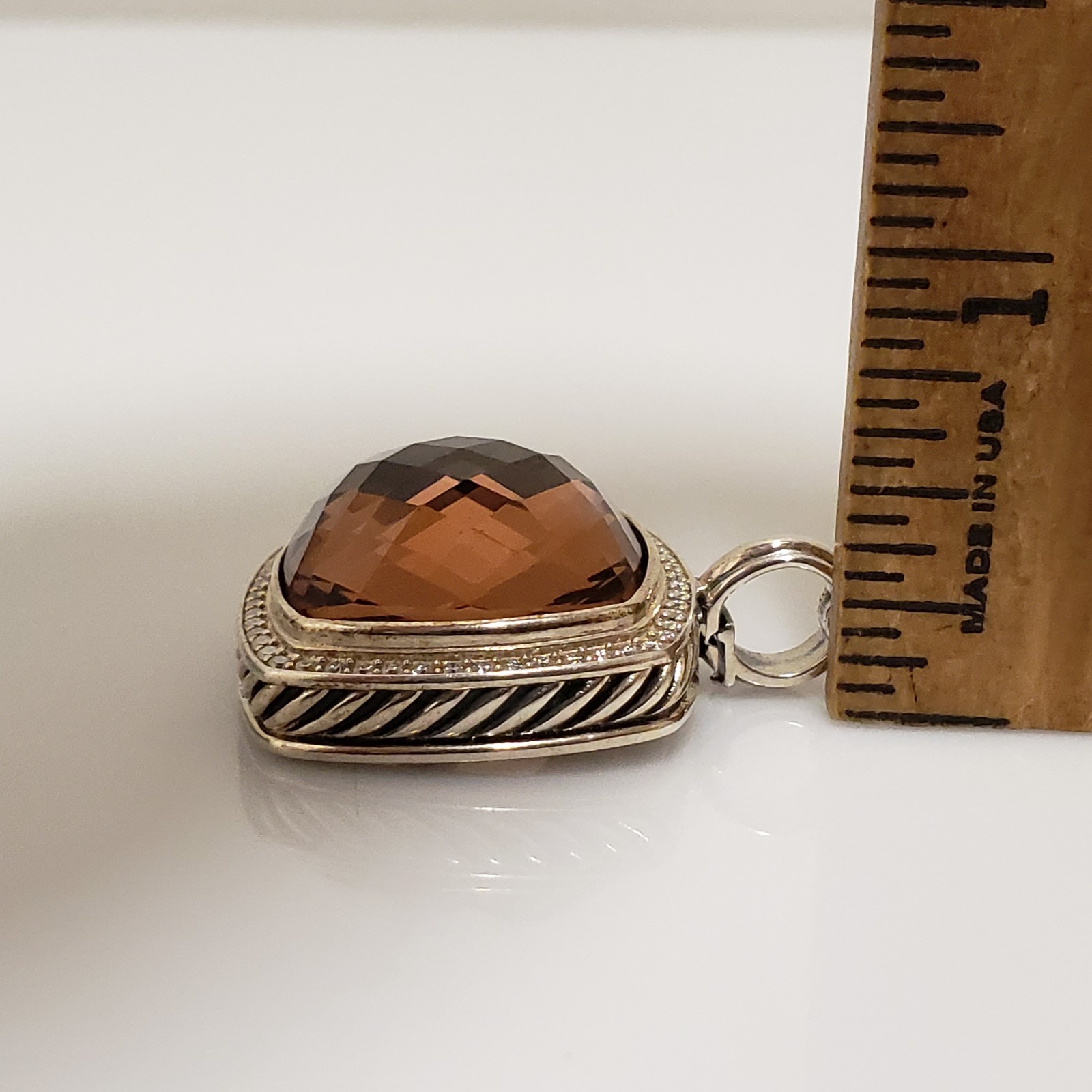 David Yurman Albion Collection Sterling Smoky Quartz Diamond 26mm Pendant .53