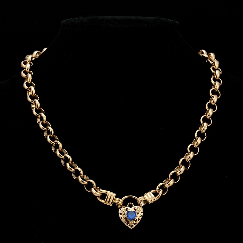 18KGL Thick Solid Rolo Yellow Gold Necklace Filigree Heart Padlock Sapphire Blue