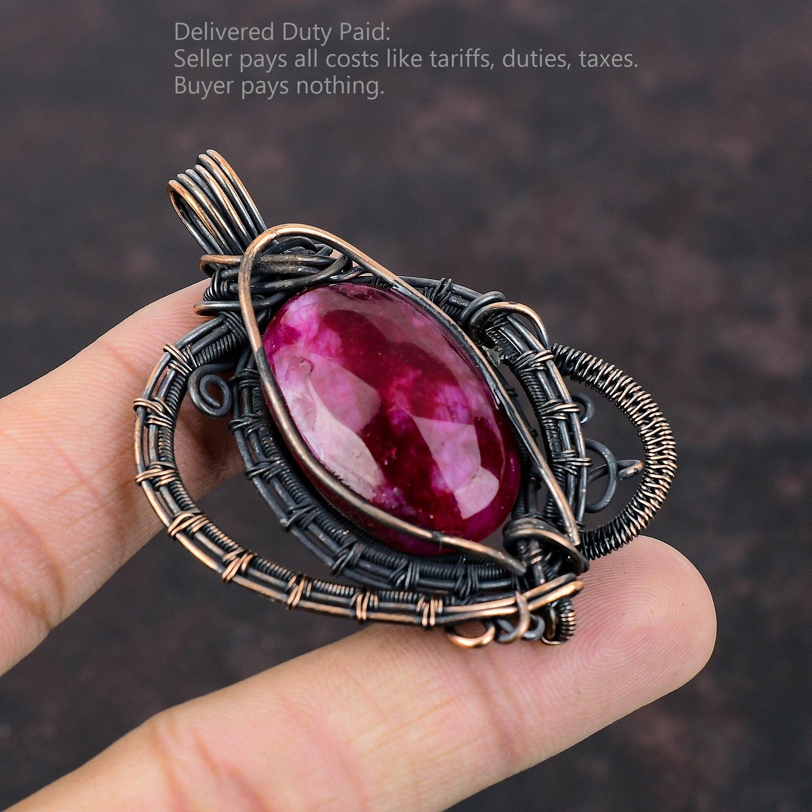 Faceted Kashmir Rubi Stone Engagement Mother Wire Wrapped Pendant Jewelry Copper