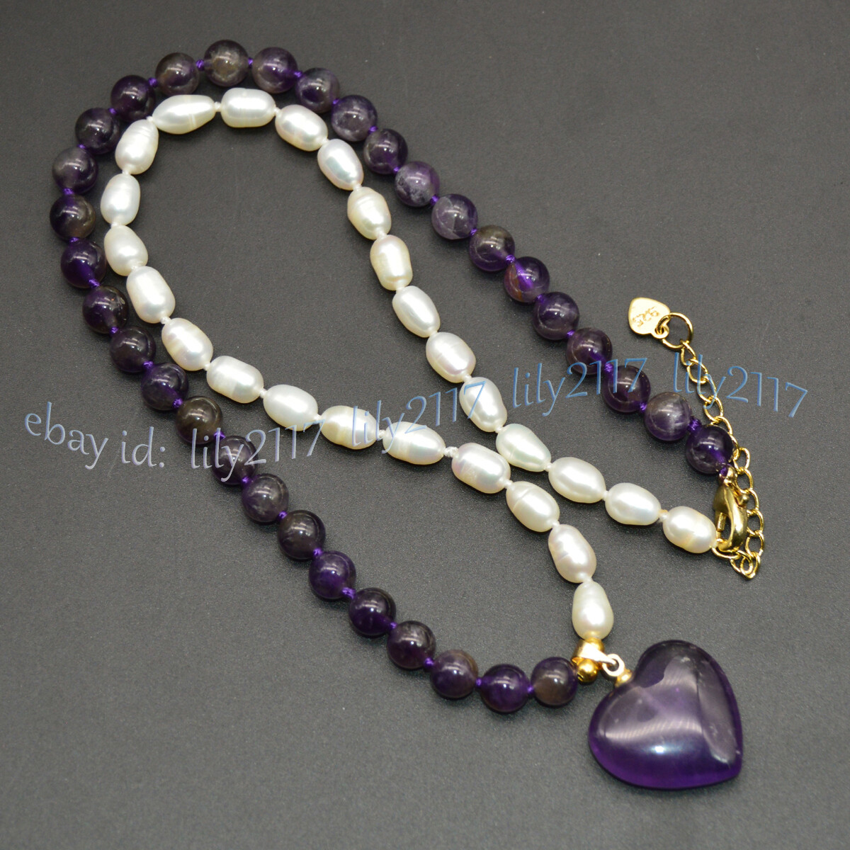 6-7mm White Rice Pearl Natural Purple Amethyst Heart Pendant Necklaces 14-32inch