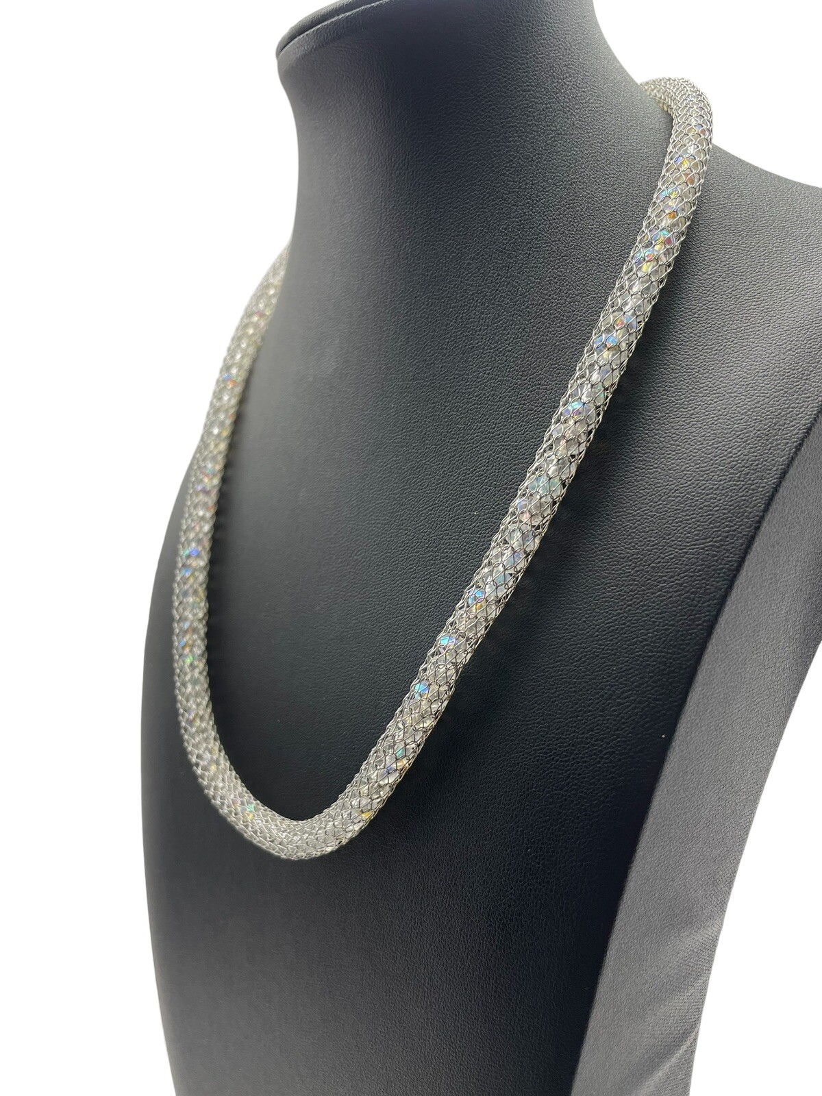 Stainless Steel China Mesh Net Aurora Borealis Bead Silver Tone Necklace Modern