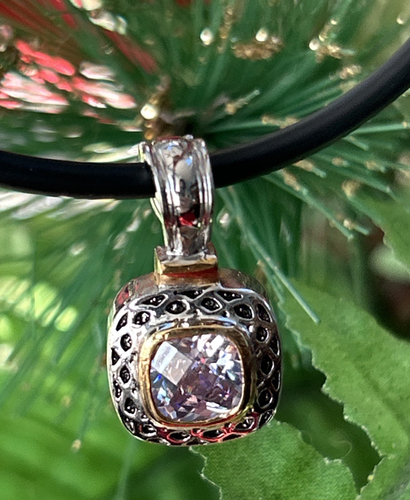 Gold And Silver Tone Square Pink Lab Diamond Pendant Necklace On Black Cord 16”