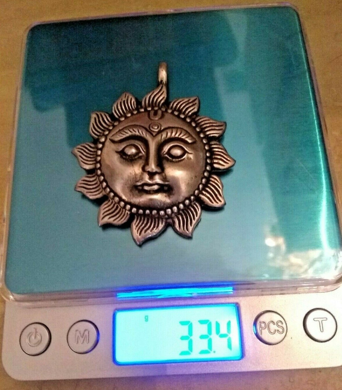 HANDCRAFTED PEWTER SUN w/ FACE PENDANT NECKLACE NEPAL