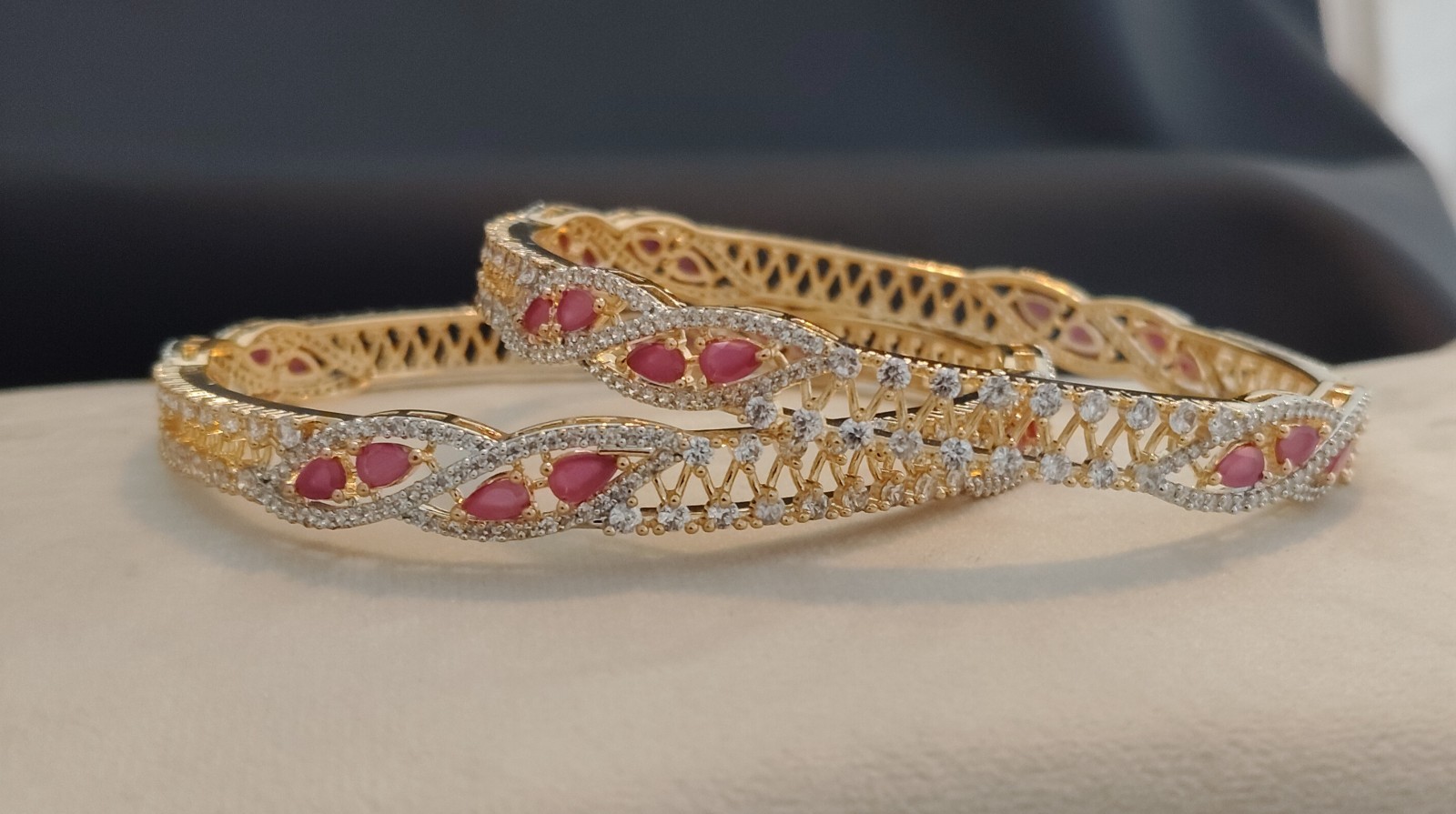 Khushi Twisted Ruby Vine Diamond Style Designer Bangles Roz Jewellers.