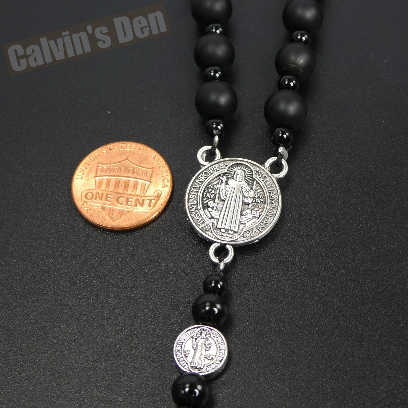 St Benedict Black Obsidian Onyx Black Hematite Cross Rosary Necklace Men Gift