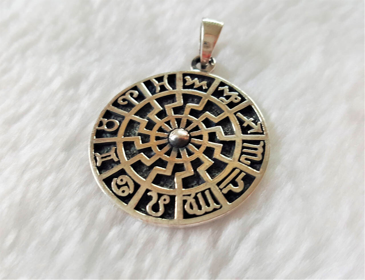 Sun Wheel Pendant 925 Sterling Silver Black Sun Occult Talisman Horoscope Zodiac