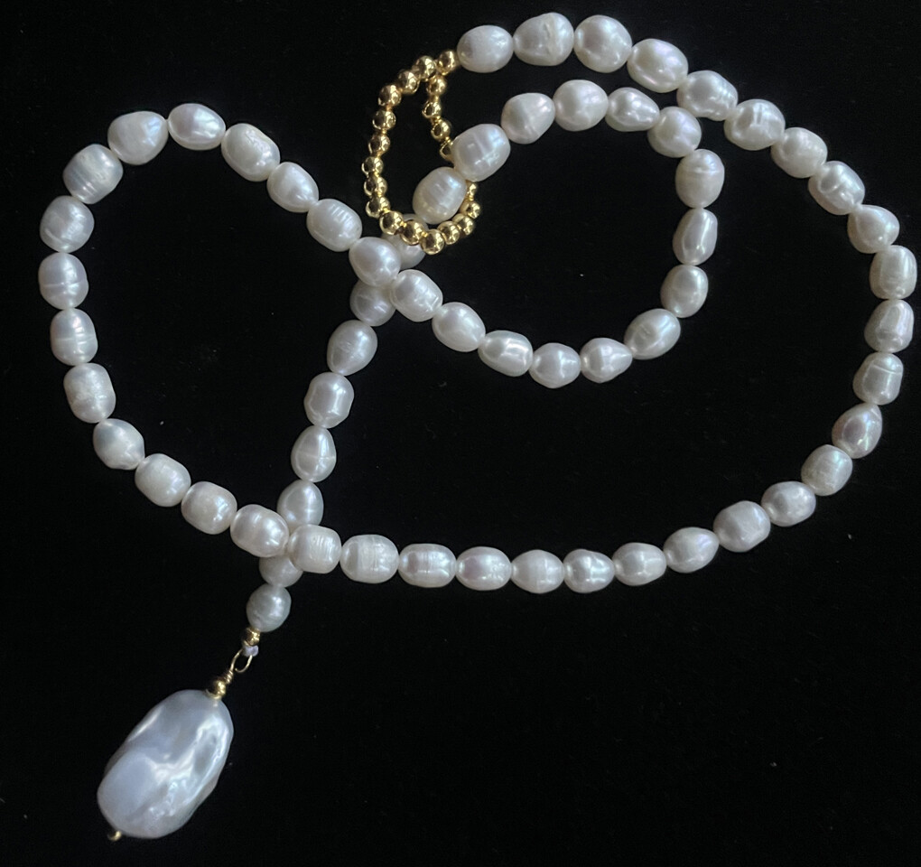 5-6mm Rice /13x18mm White Baroque Pearl Beads Pendant Collarbone Necklace 14-36″