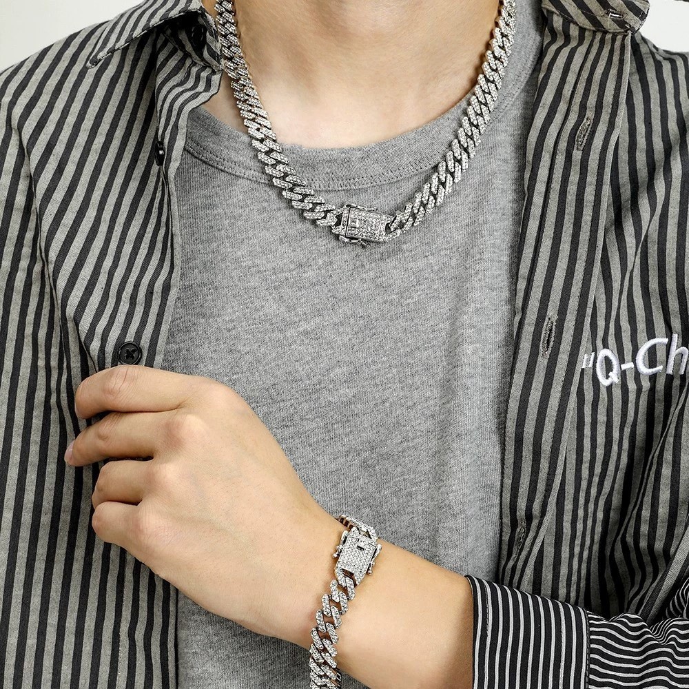 13mm White Gold Plate Stainless Steel Miami Cuban Link Chain CZ NecklaceBracelet