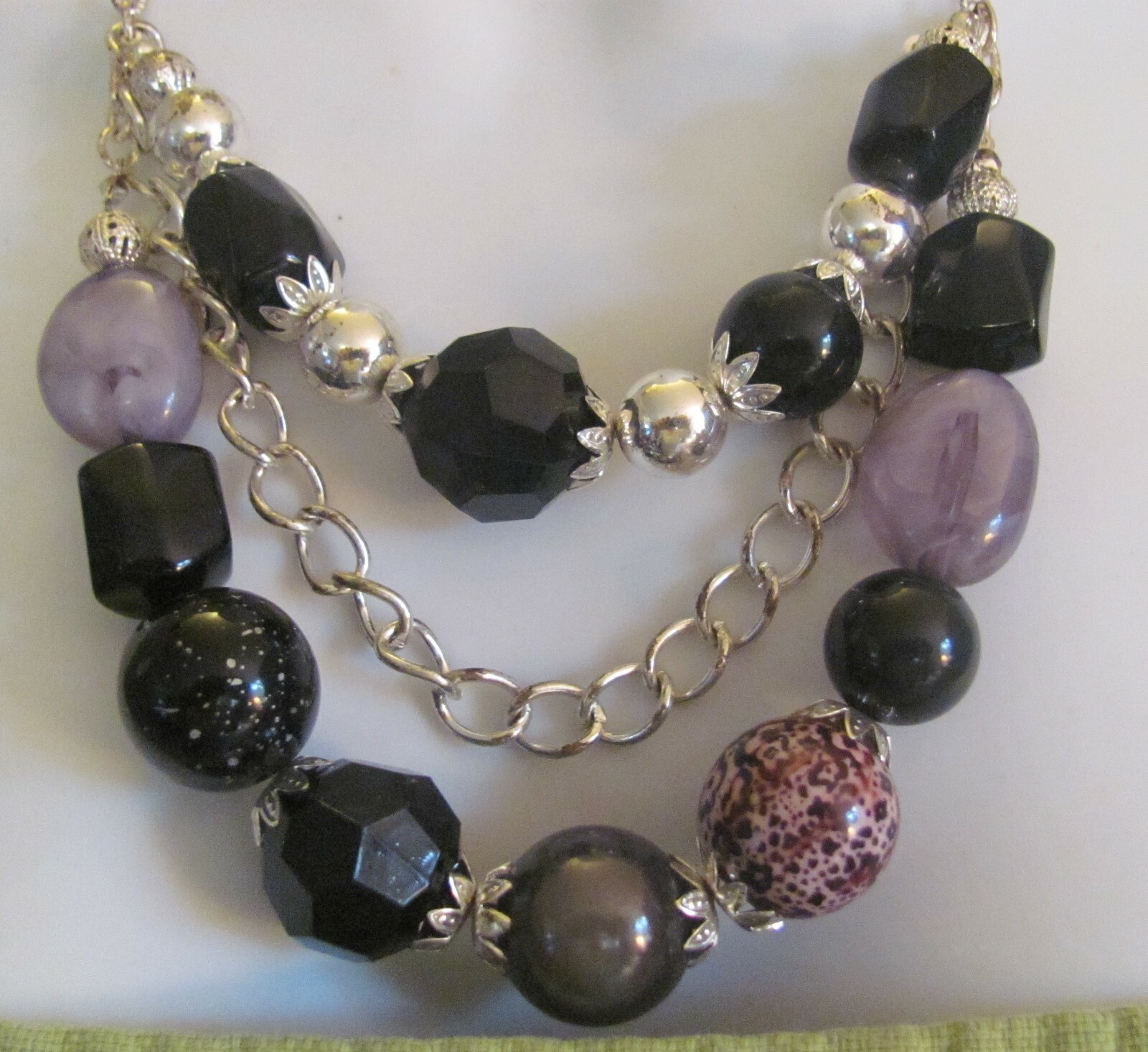 3-Strand Simulated Stone Necklace (Black-Grey-Tiger Eye-Clear-Silver)-Costume