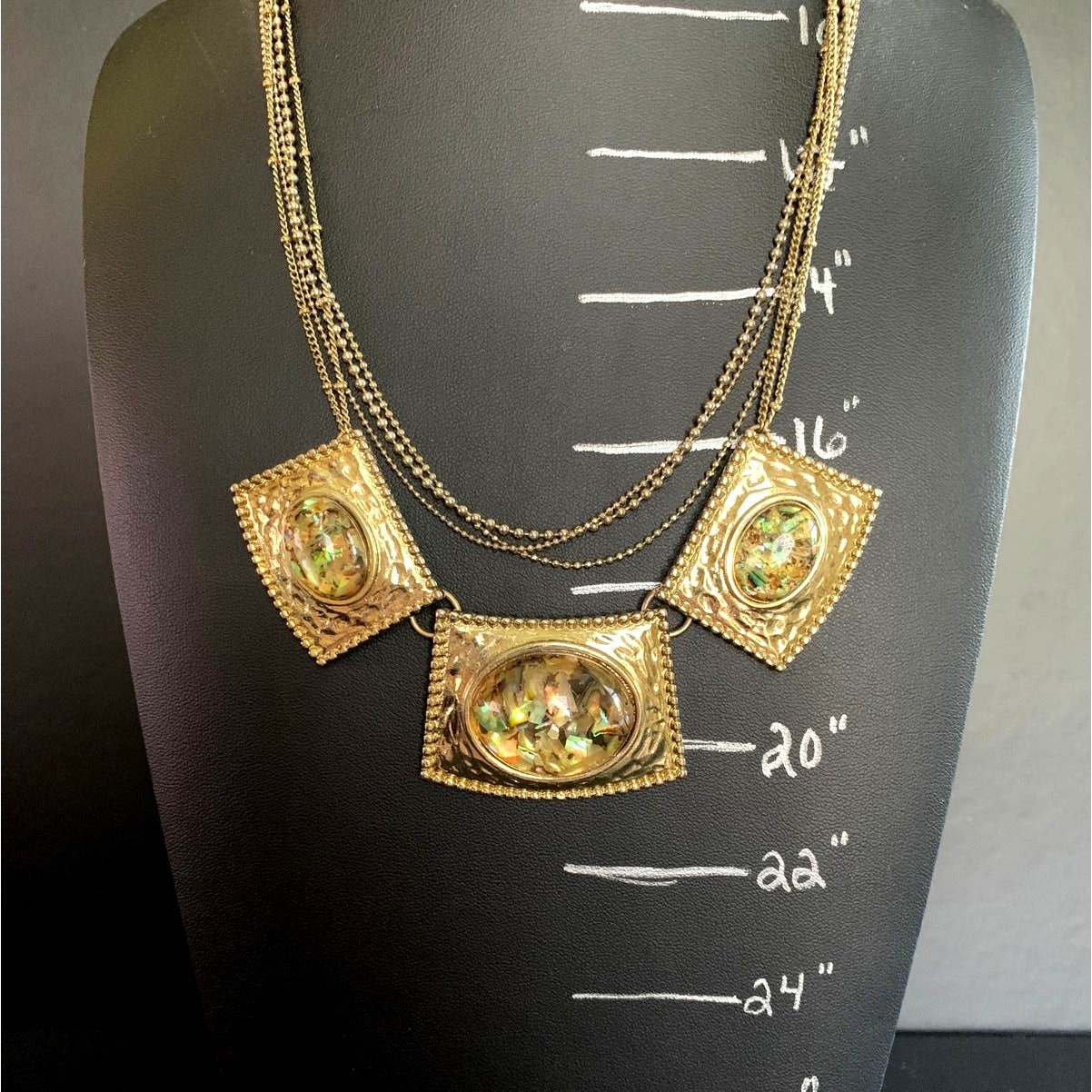 Gold Tone Multi Strand Necklace Abalone Confetti Shell Panel Statement