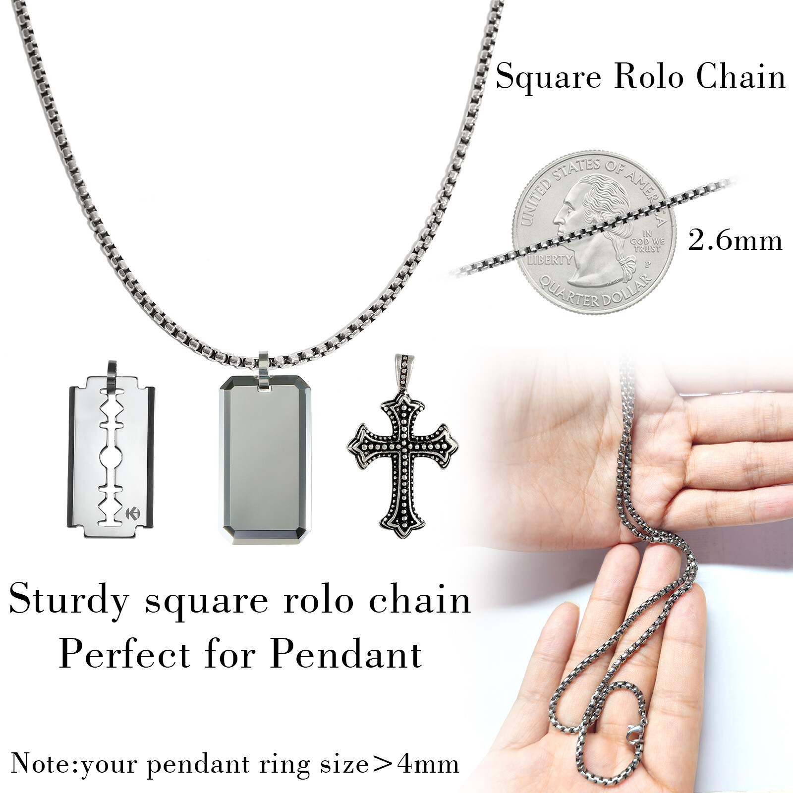 Square Rolo Chain Men’s Chain Fashion Necklace Sliver Fashion Chain Comfort Fit