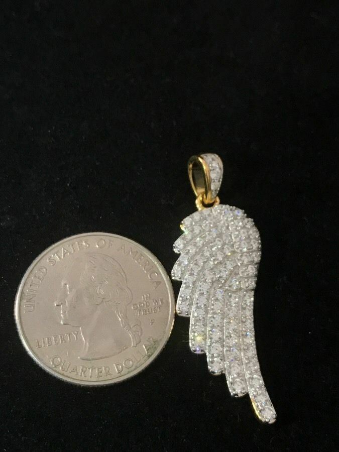 Angel Wing Pendant 14k Gold Plated Genuine Sterling Silver Simulated Diamonds