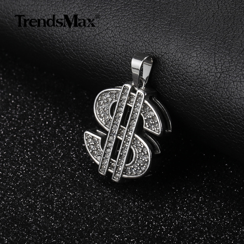 Silver Cubic Zircon CZ Dollar Sign Pendant Necklace Stainless Steel Chain 18-24″