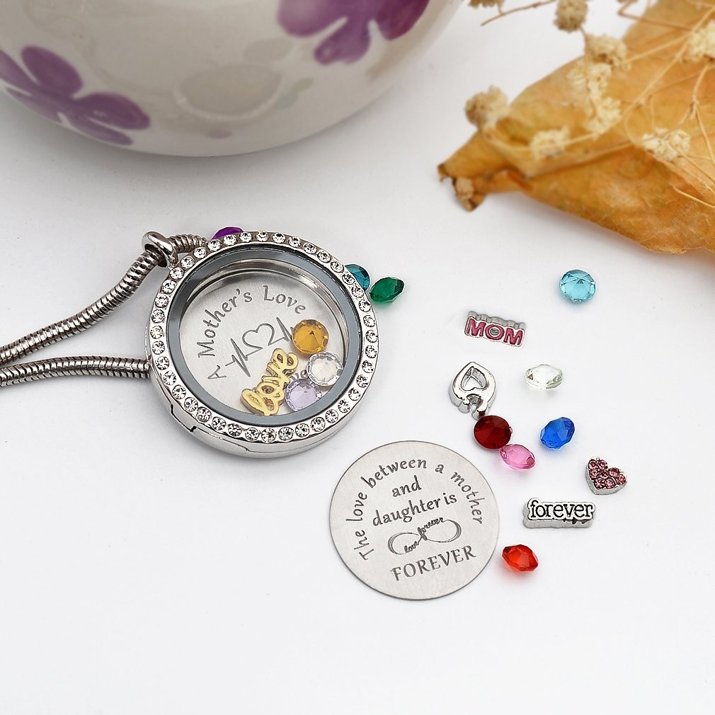 Mom Love Gift, Mother Memory Floating Locket with Birthstones Charm
