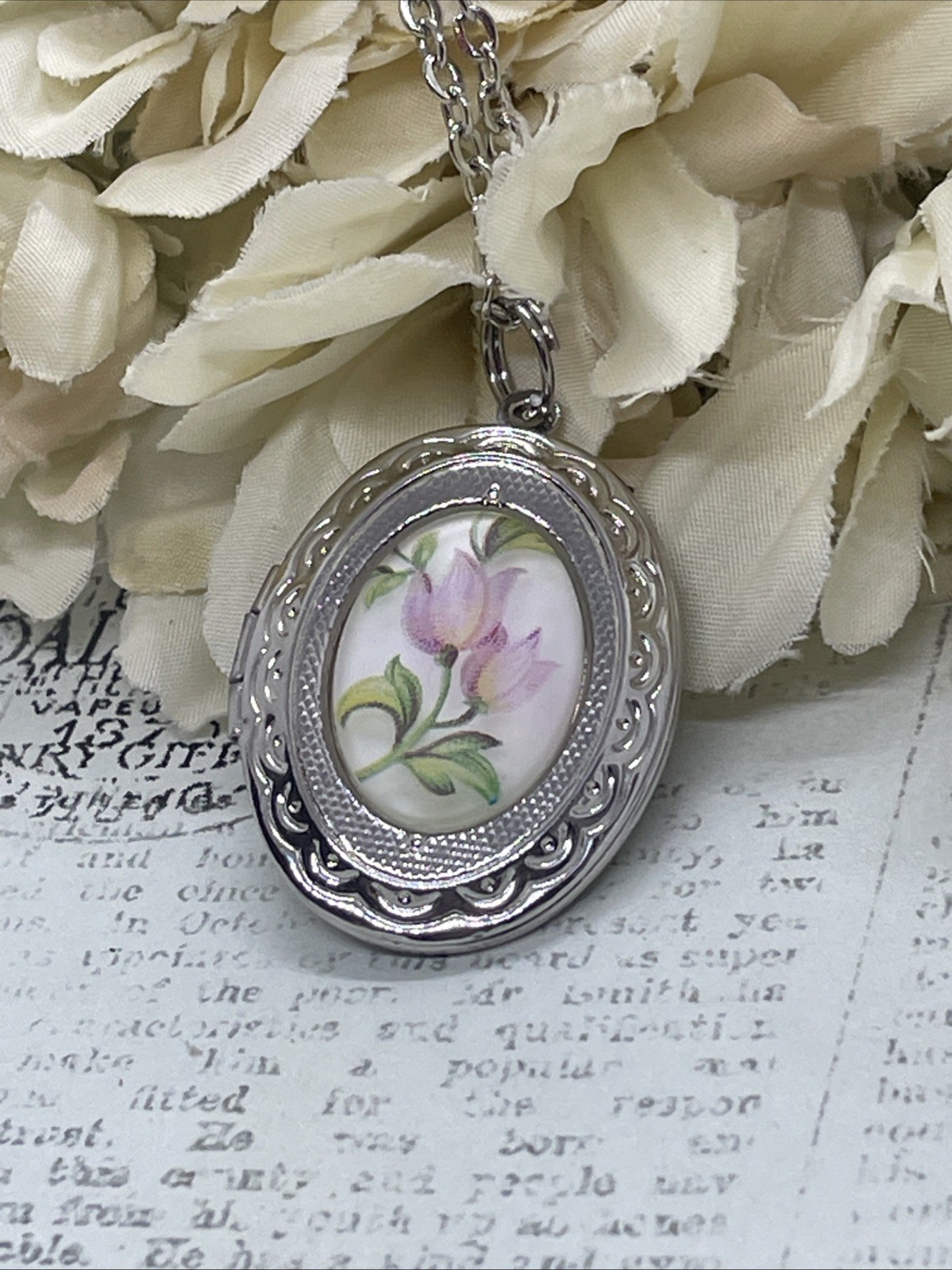 Pink Frosted Tulip Silver Photo Locket Necklace Bridal Gift Mom Wife Anniversary