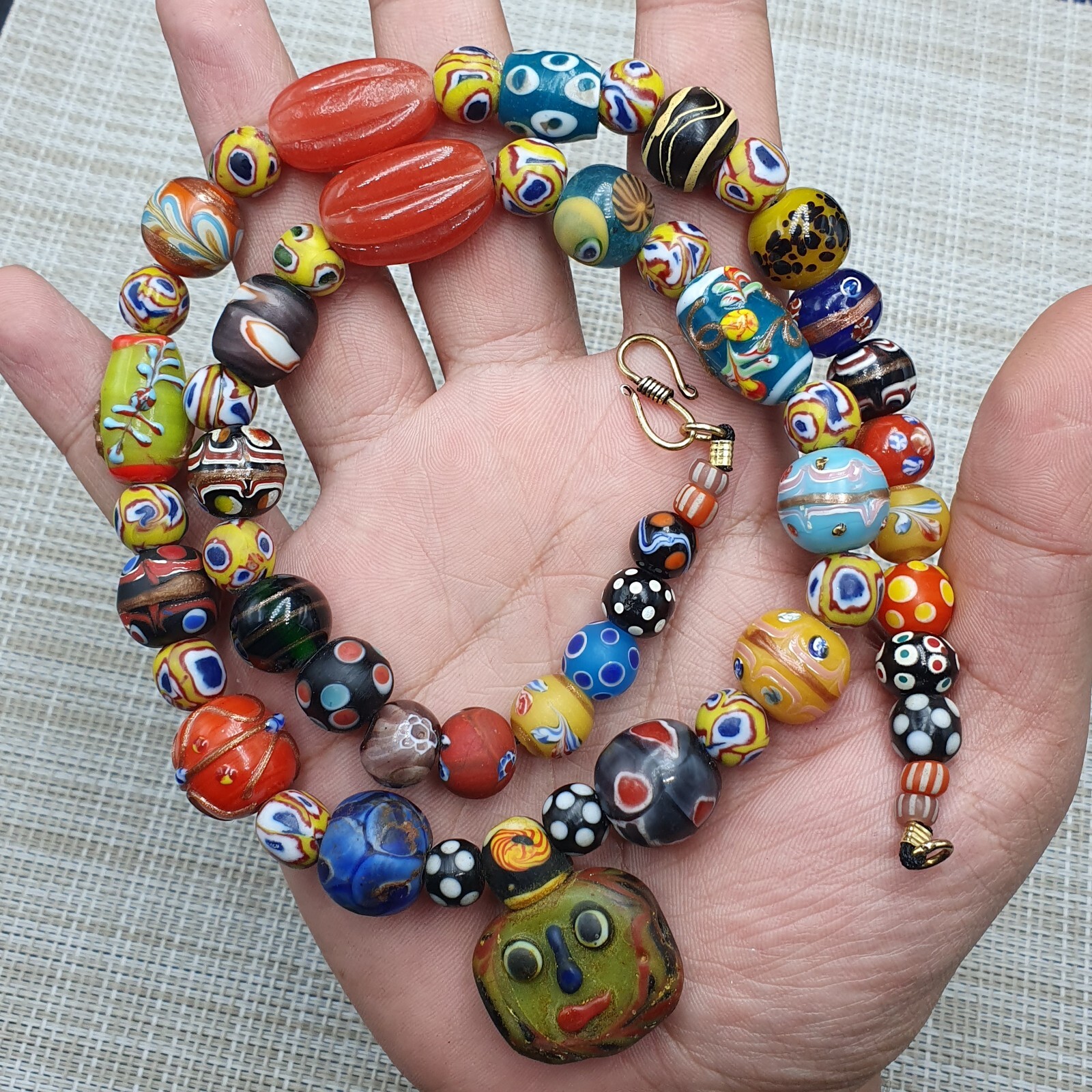 Vintage Venetian Style Mix Glass With Old Face Glass Pendant Necklace