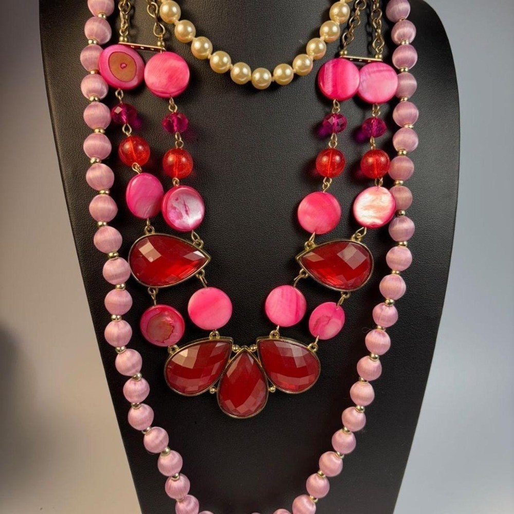 Glam necklace collection with pearl, pink, and gold tone