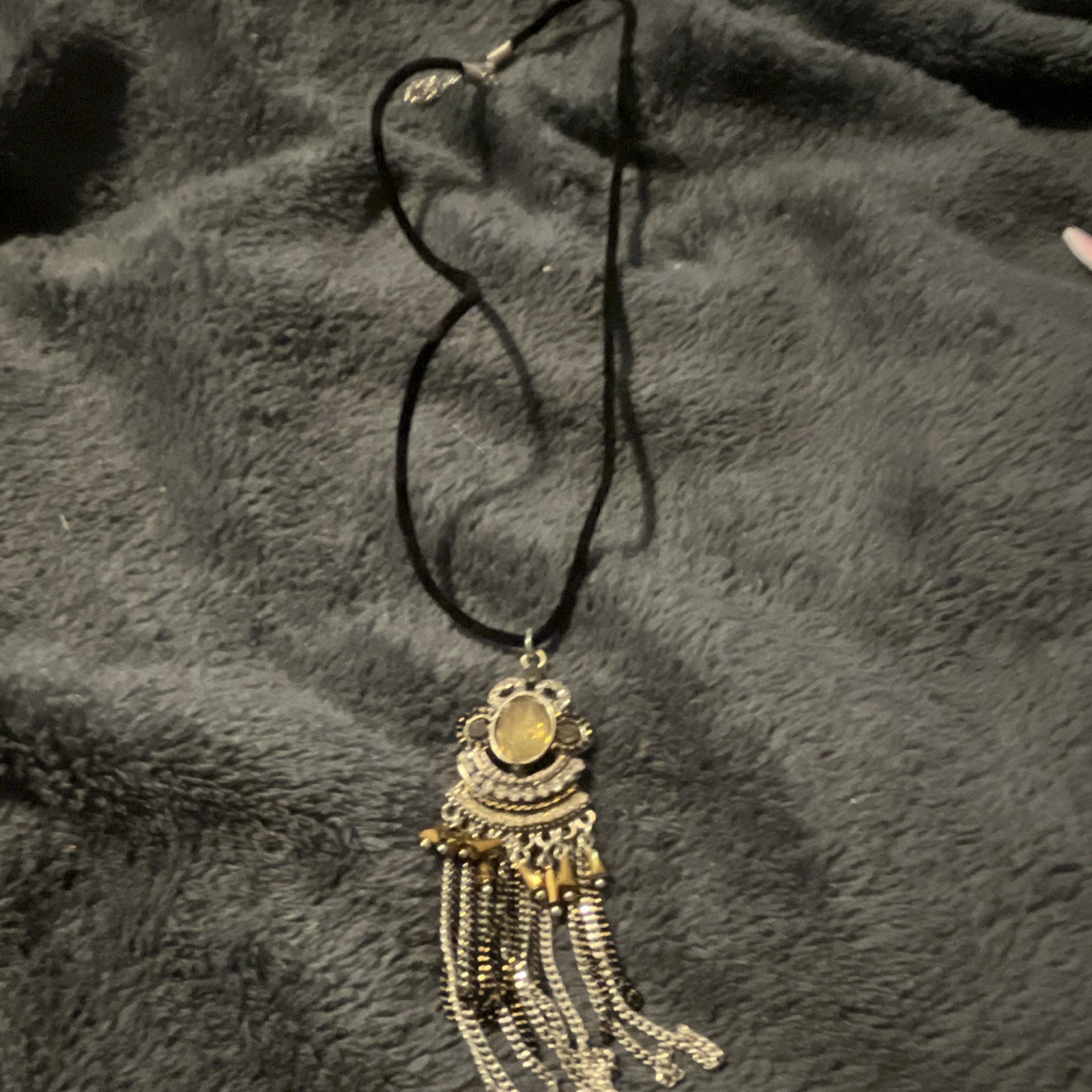 Silver Tone Oval Fringe Pendant Necklace Black Cord Metal Tassel Chains