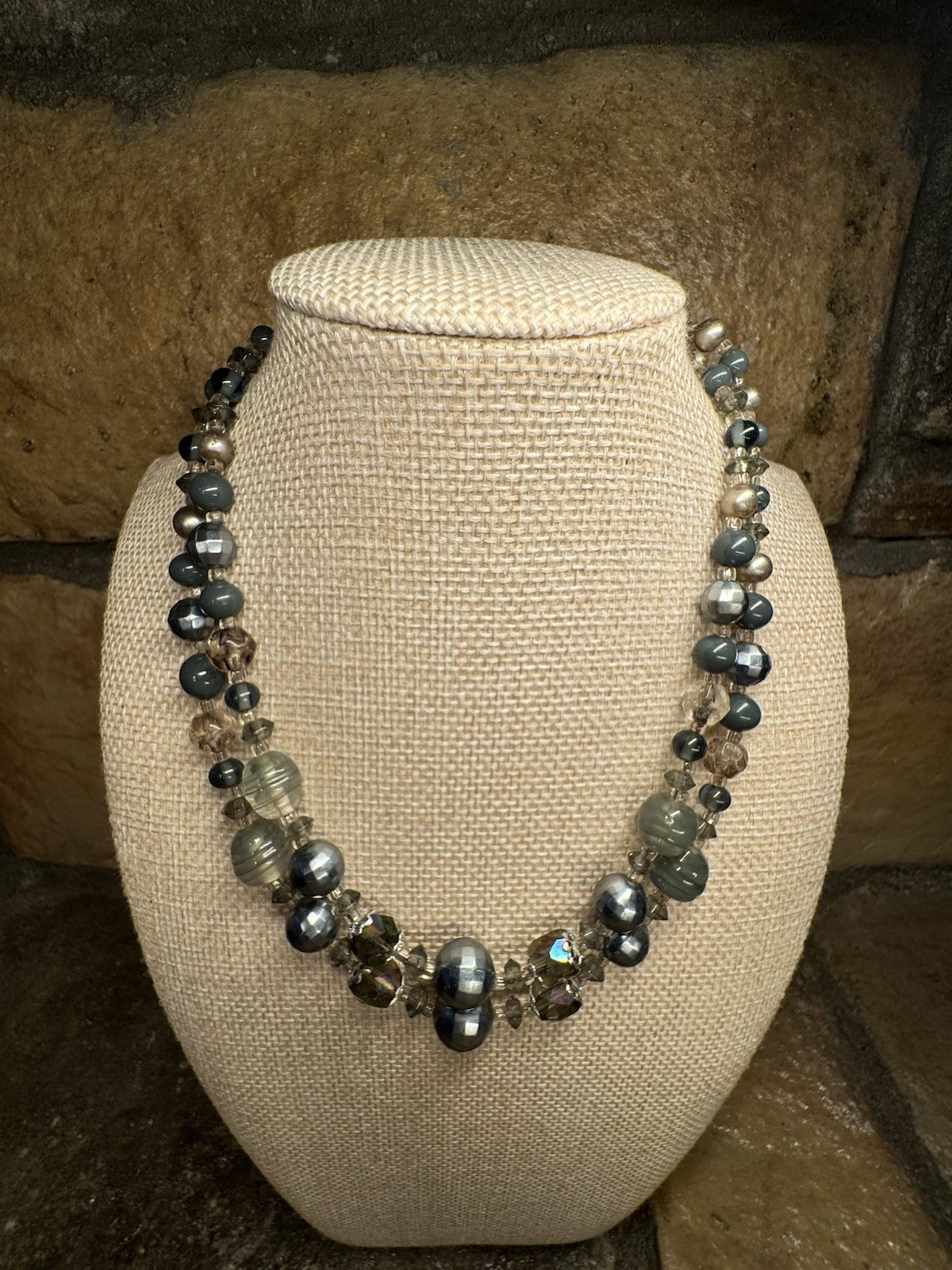 Vintage Gray & Silver Glass Beaded Necklace Stamped Japan c1950s 20in Retro Glam