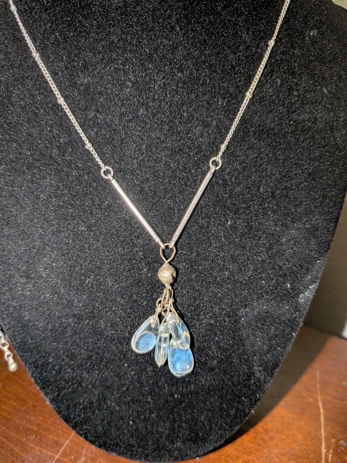 Silver Tone Metal Chain Necklace Blue & Clear Teardrop Charm Bezel Undated