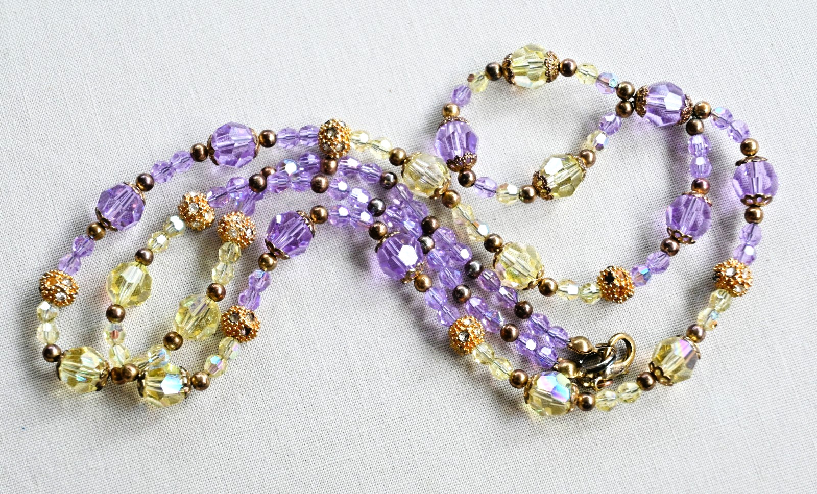 Faceted Crystal Glass Colorful Purple Yellow Gold Tone Beaded Necklace