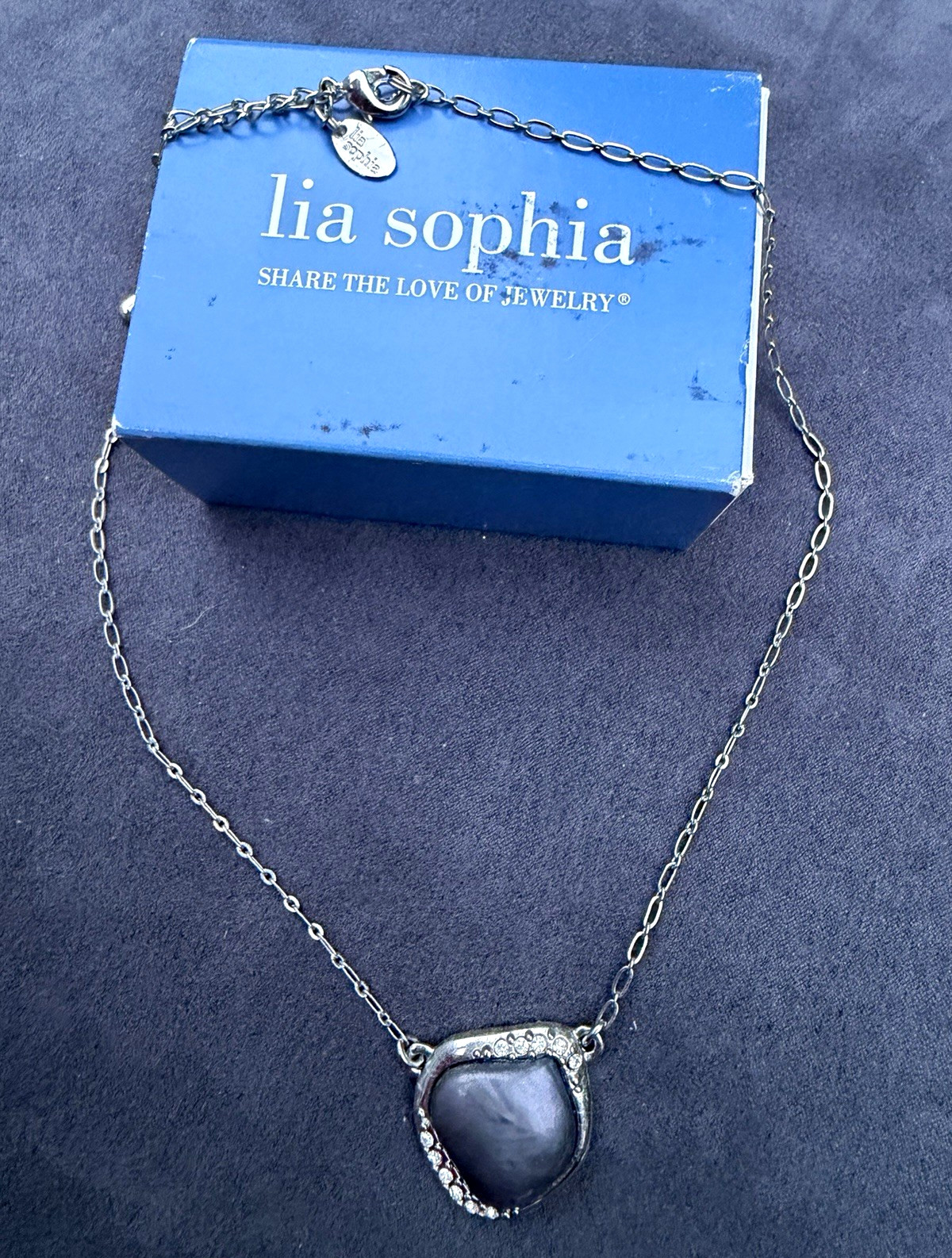 Lia Sophia Silver Tone Black/Grey Stone Asymmetrical Pendant Necklace, Accented