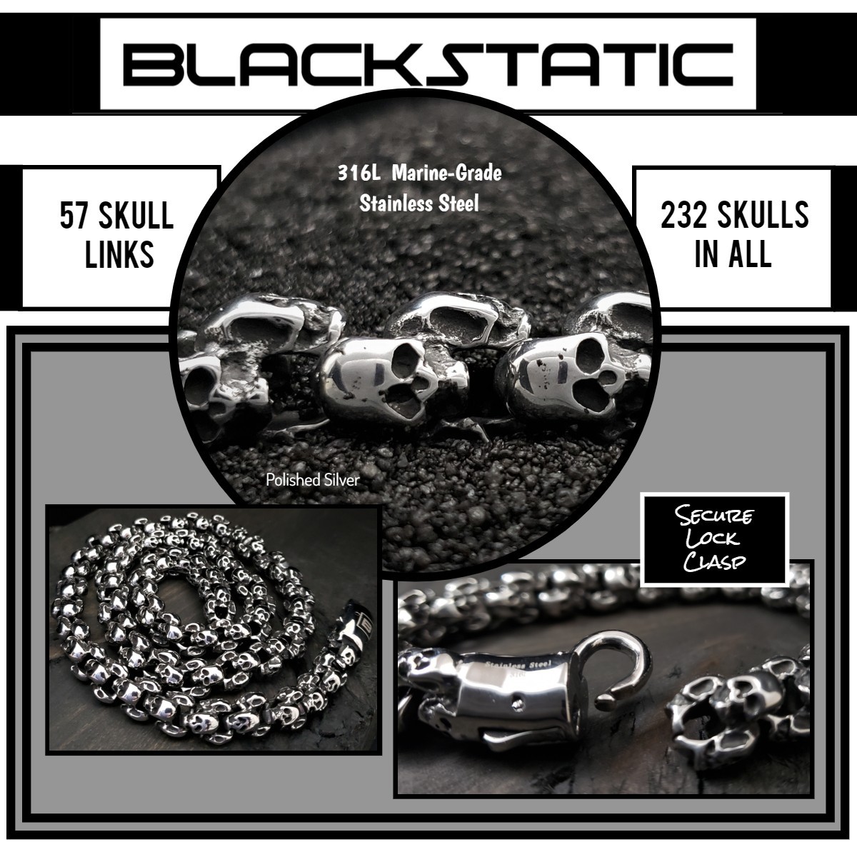 Skull Biker Necklace – Polished Silver Stainless Steel, 26″ Chain – BLACKSTATIC