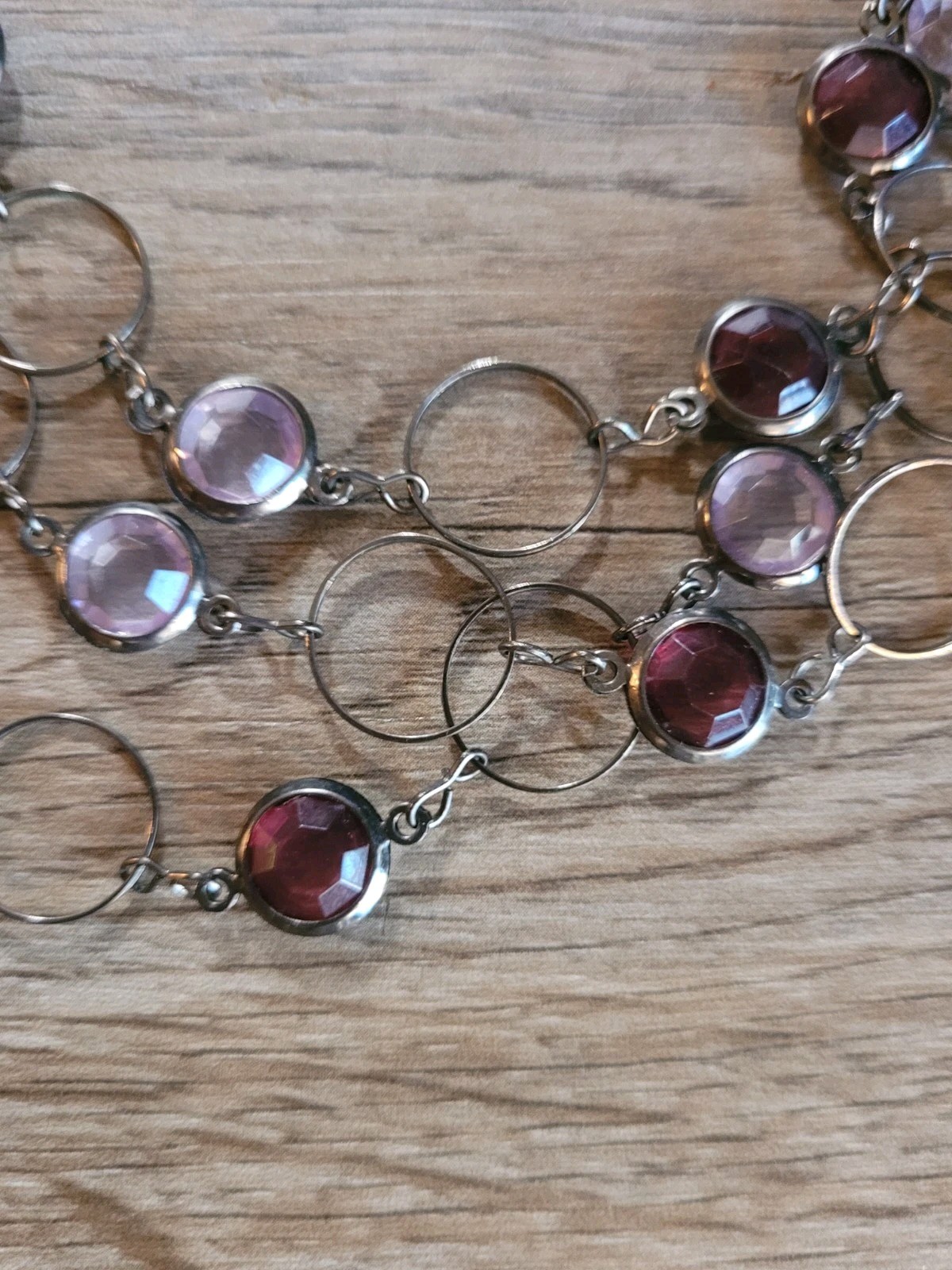 Multi Strand Multi Shape Purple Bezel Set Necklace Gun Metel Color Lobster Clasp