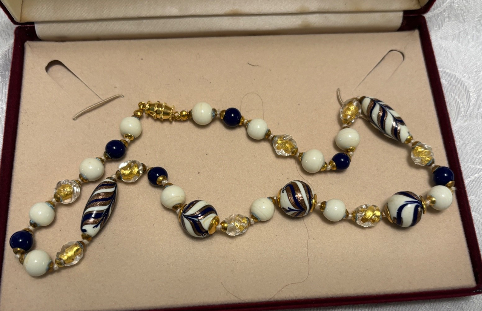 Venetian Glass Beads NECKLACE 20″ Cream Navy Gold Handcrafted IBB Italy Boxed