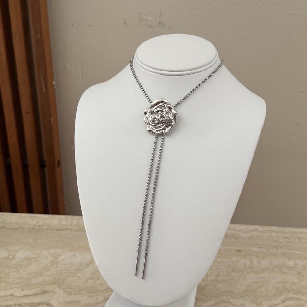 Silver Rose Flower Bolo Tie Chain Necklace