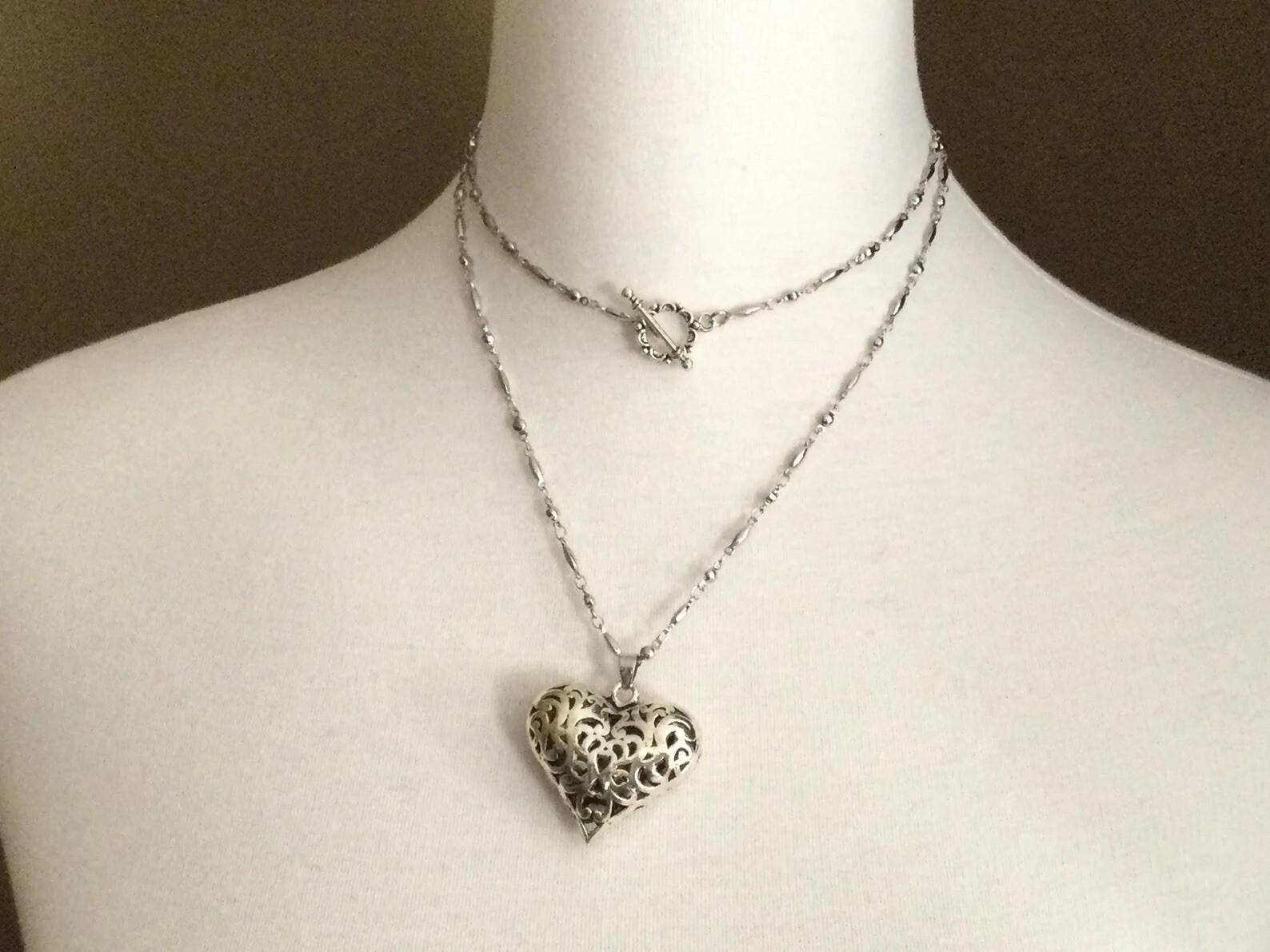 NEW Extra Long filigree heart necklace with beaded Chain 34” and Toggle Clasp