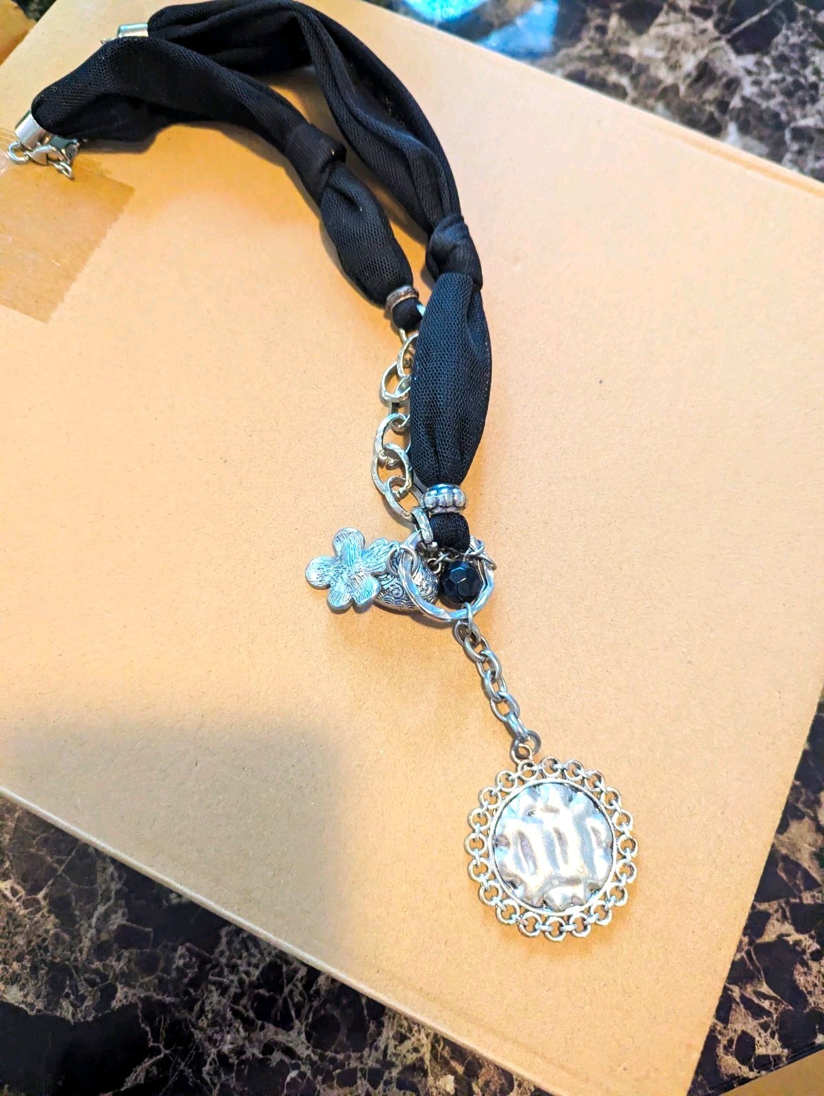 Black Fabric Cord & Silver-Tone Cable Chain Necklace, Round Charm Pendant
