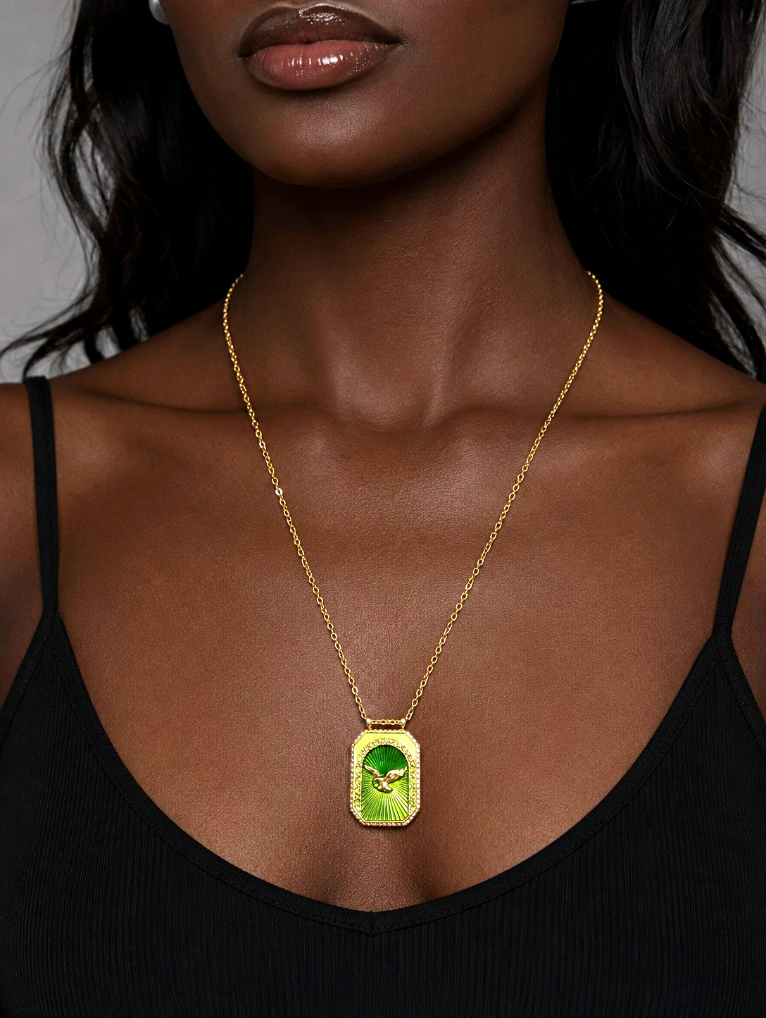 Gold Tone Cable Chain Necklace Green Enamel Eagle Rectangle Charm Crystal