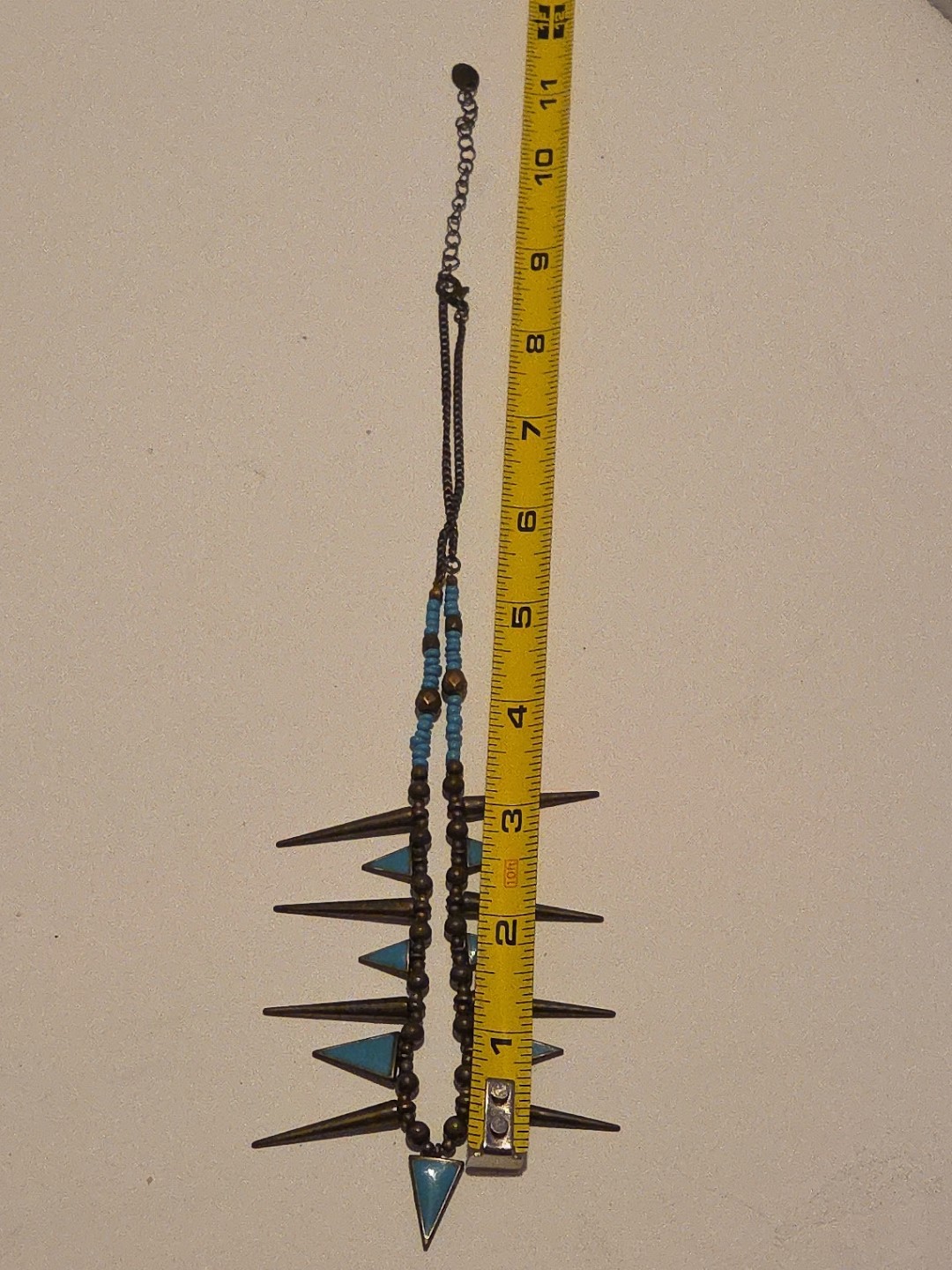 Claires Bronze spike Turquoise Enamel necklace punk goth beaded tribal 17-20”