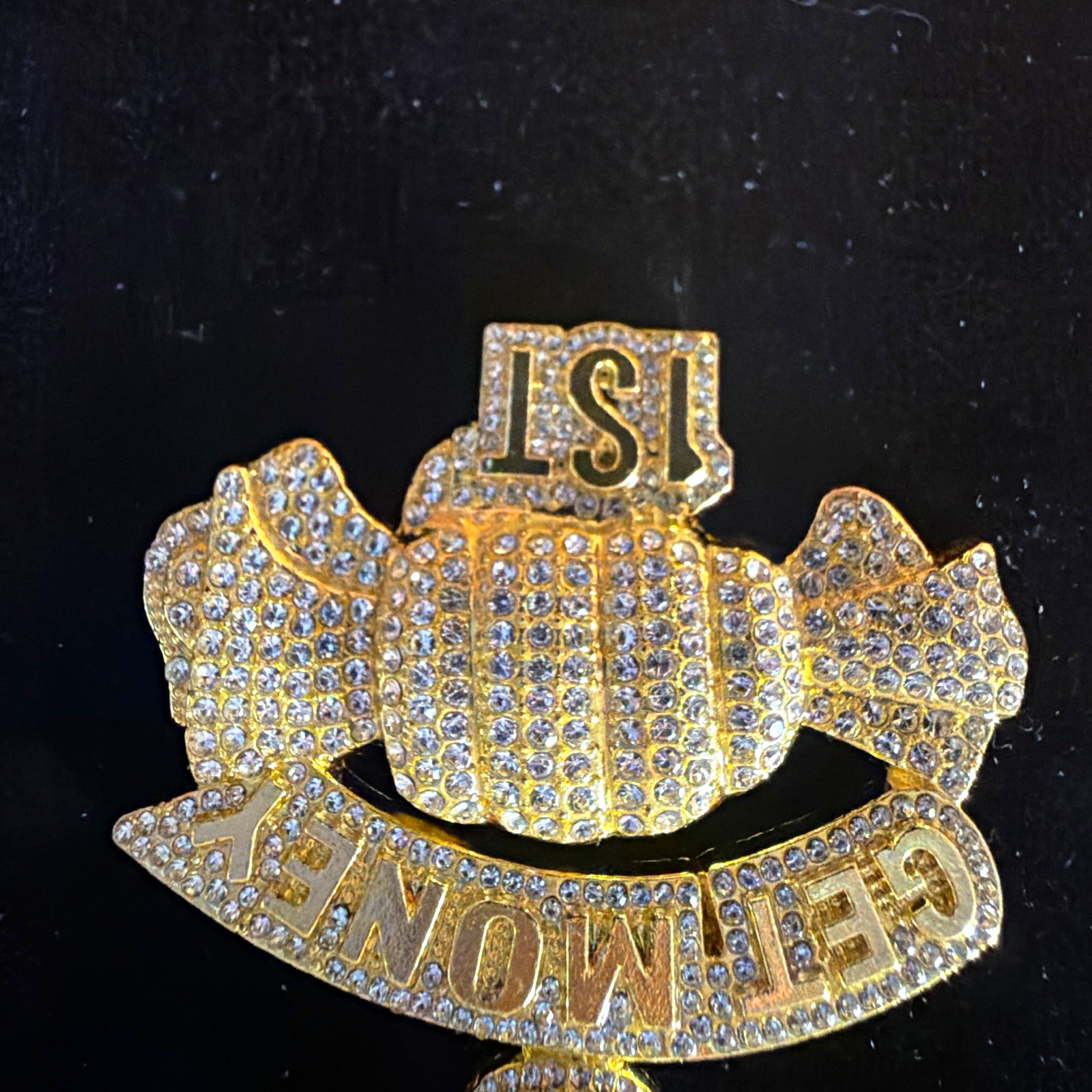 Gold Tone “GET MONEY 1ST” Iced Out Pendant Necklace, Pavé Curb Link Chain