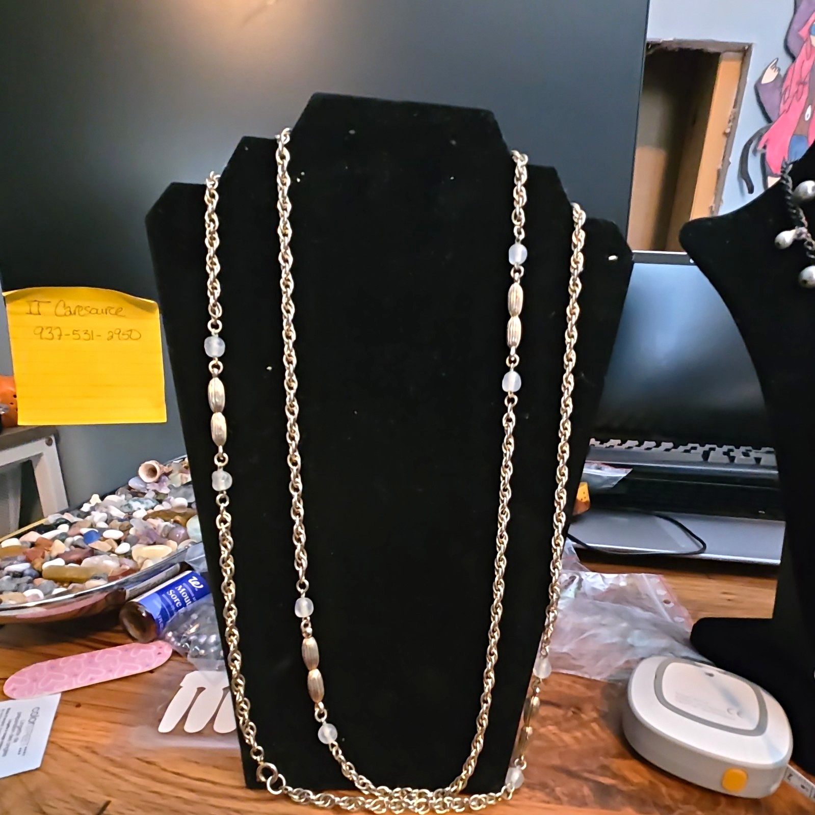 Pale Goldtone Rope Chain Station Necklace White Round Glass Beads 56 Total In.
