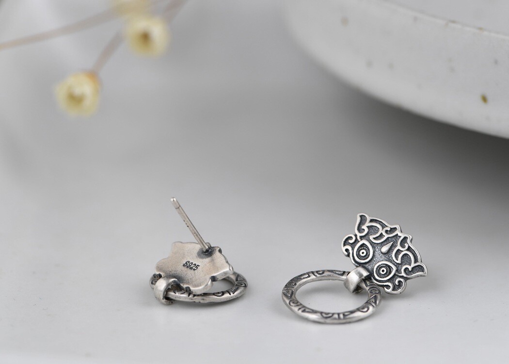 THAI Door Knocker Earrings Ornate Dangle Hoop Vintage Stud S925 Sterling Silver