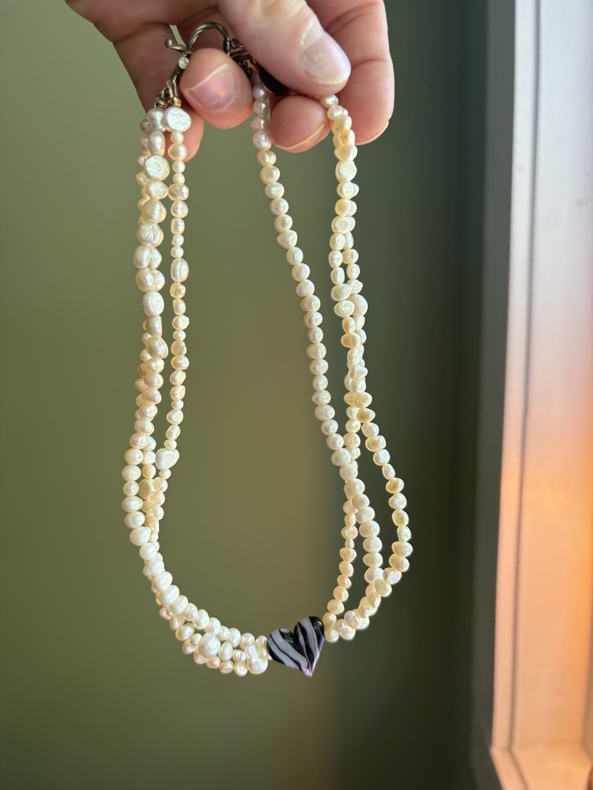 Pearl Triple Strand Natural Freshwater Pearl Necklace w/ Glass Heart Pendant