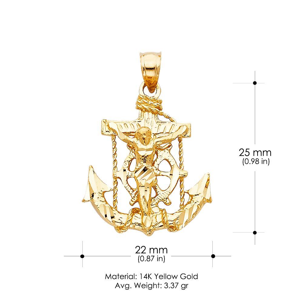 14K Yellow Gold Mariner Crucifix Charm Pendant & 3.1mm Figaro 3+1 Chain Necklace