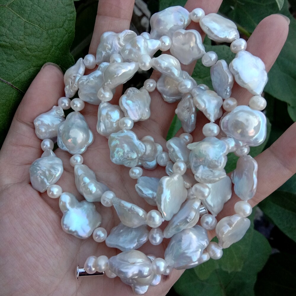 2 Strands Cultured Pearl Necklace Flower Shape Keshi Pearl Necklaces For Women