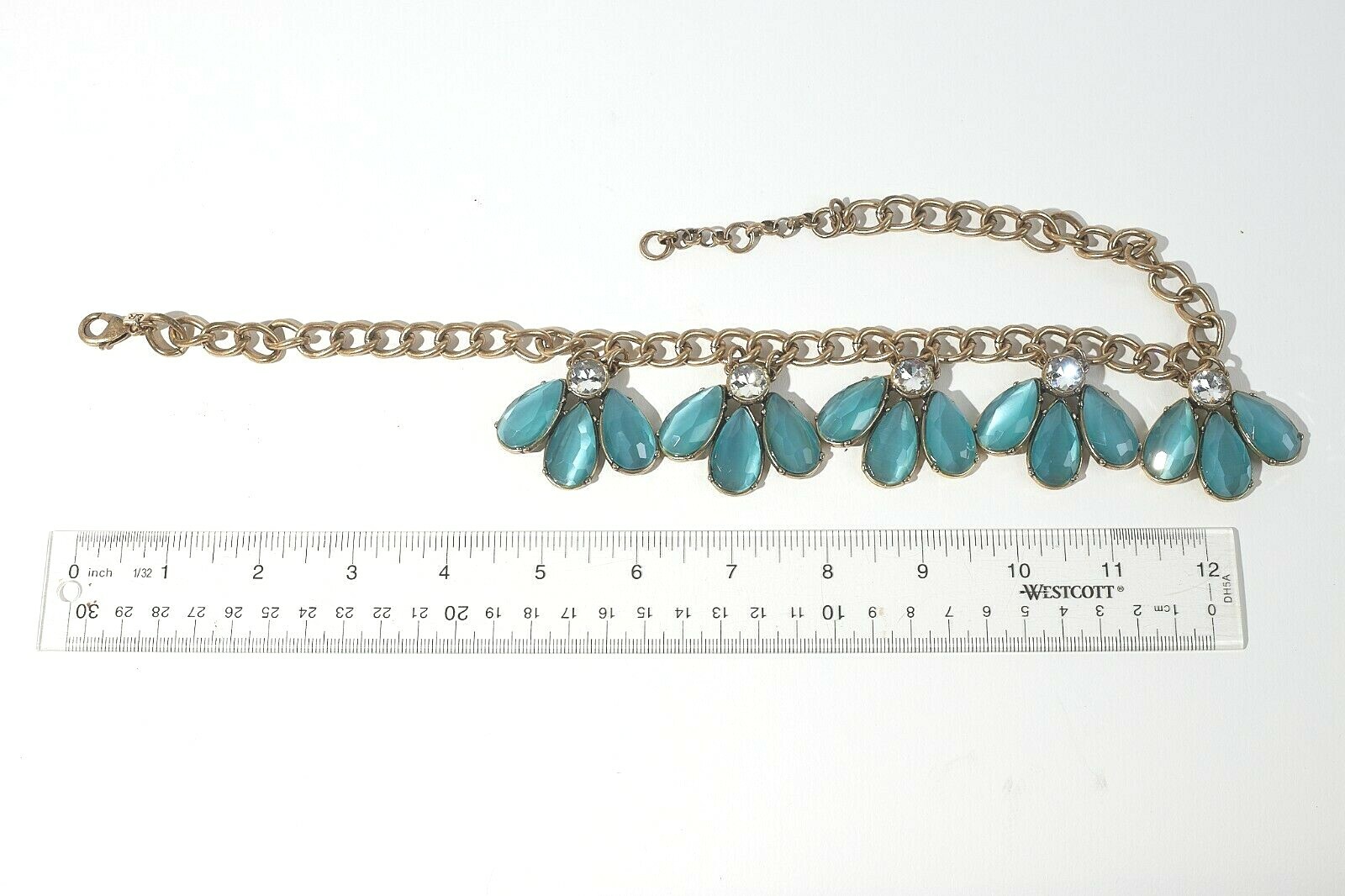 Banana Republic Antique Goldtone Necklace Blue Glass Petals +Rhinestones 16″+2″L
