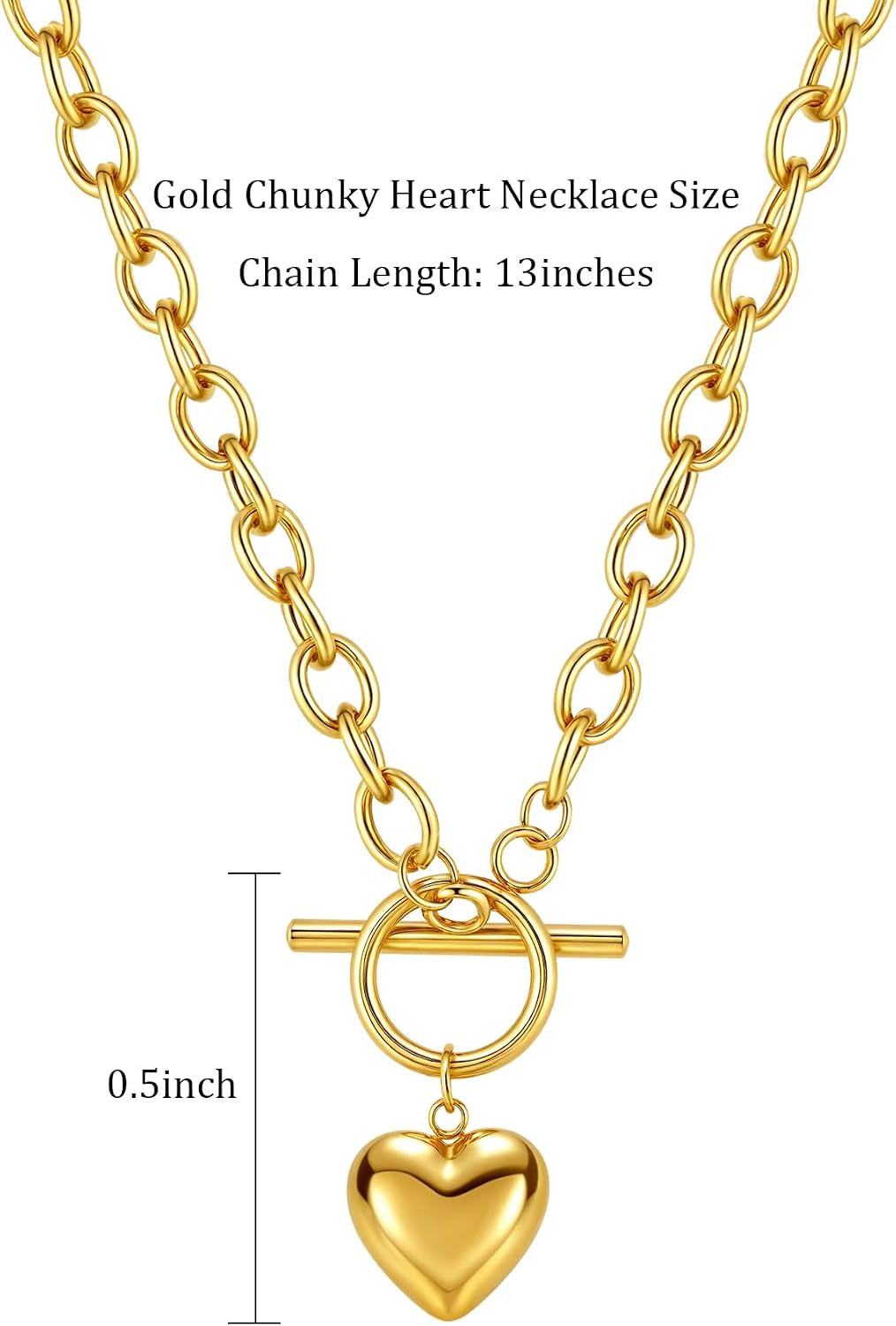 14K Gold Plated Heart Pendant Necklace for Women Trendy Chunky Link Chain Toggle