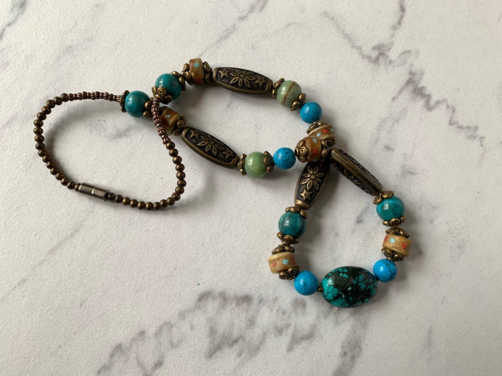 Turquoise Focal Bead, Jade beads, Yak bone inlaid, brass beads lNecklace11