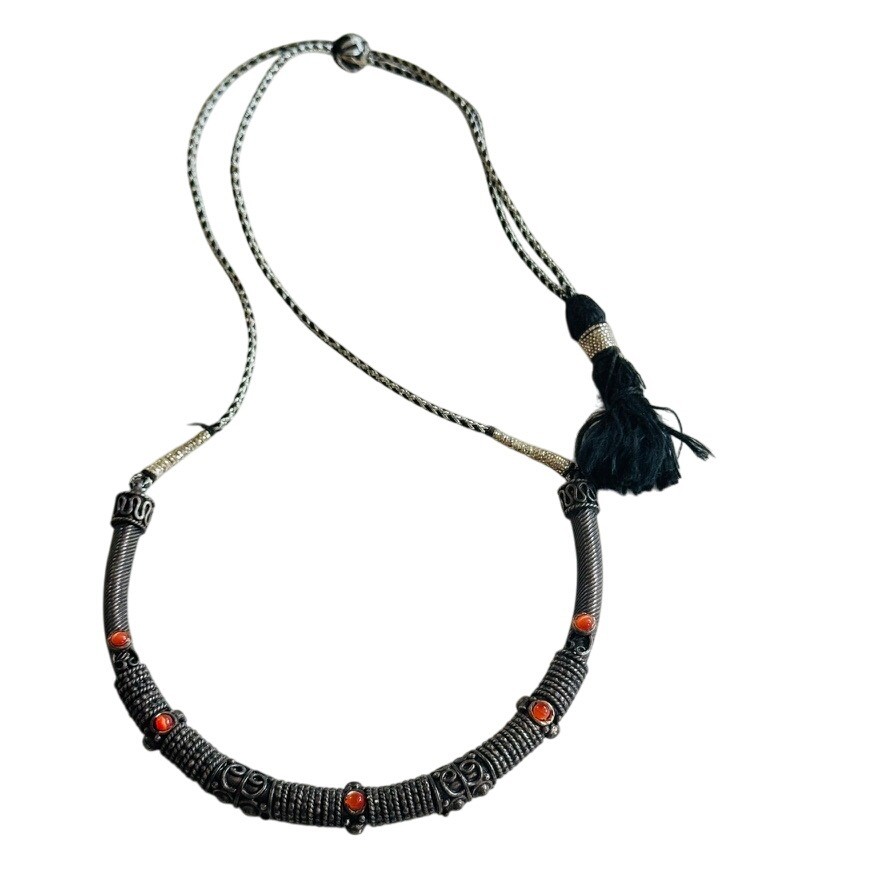 VTG Tribal Oxidized Necklace Glass Cabochon BOHO Tibetan Ethnic Nepal BOHO 26″