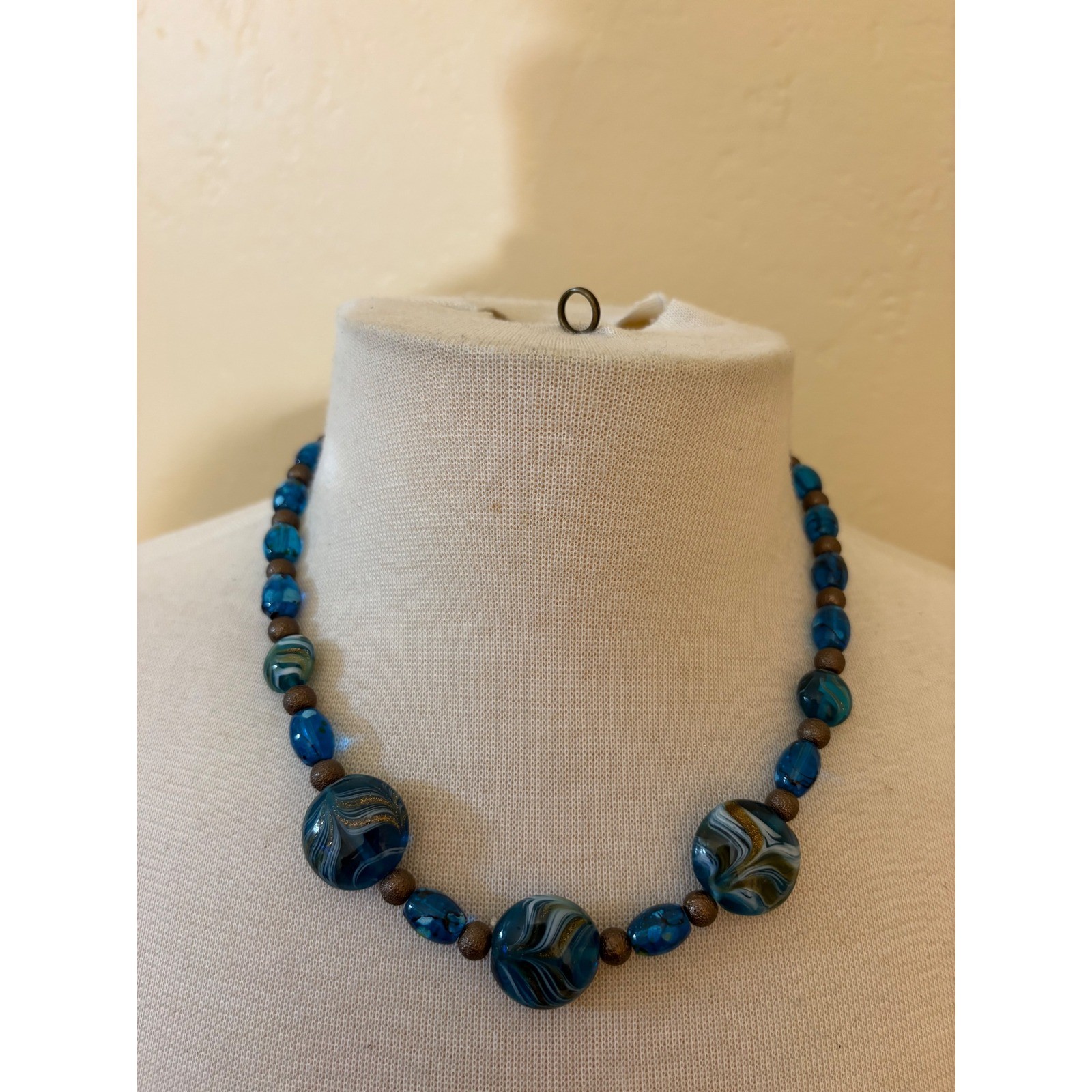 Blue Swirl Art Glass Bead Statement Necklace Bronze Tone Lobster Clasp Boho
