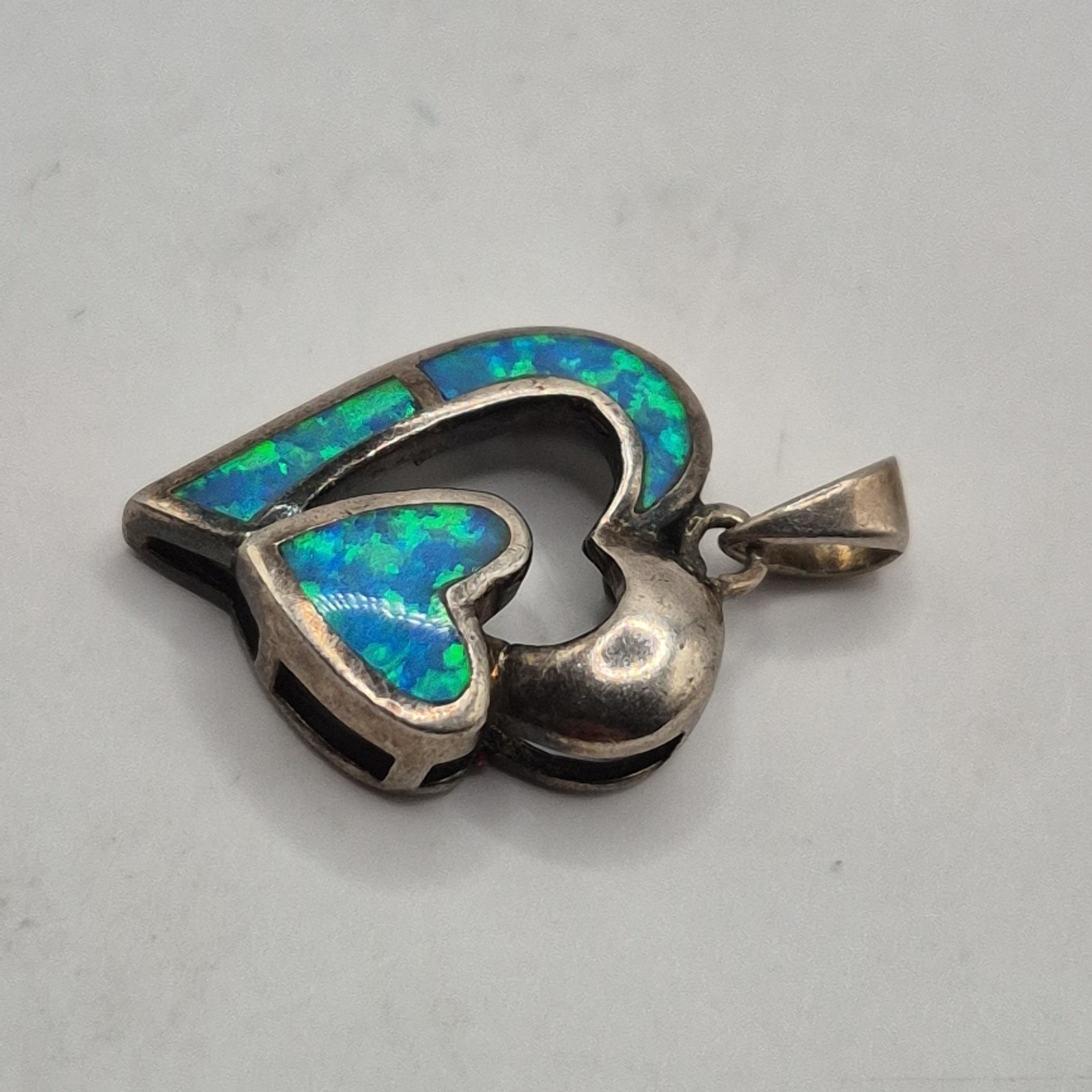 Modern Sterling Silver 925 AK Double Interlocking Heart Lab Created Opal Pendant