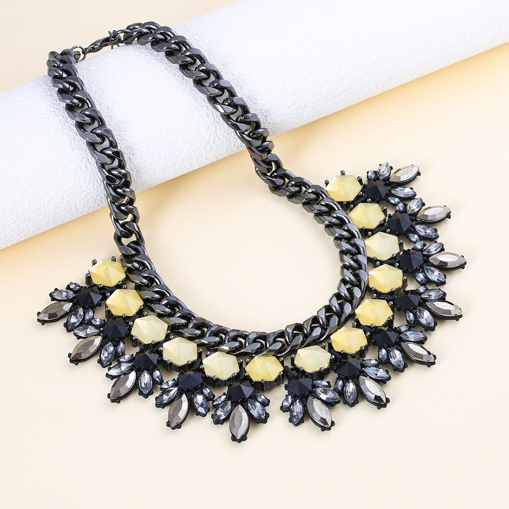 Bold Black Gold Plated Synthetic Stone Bib Choker Statement Necklace For Ladies