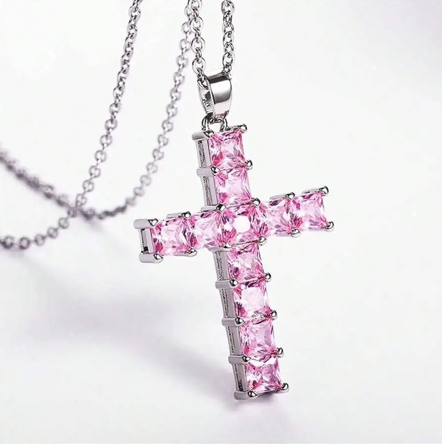 1pc Gold Cross Pendant Necklace – Multicolor Crystal Religious Jewelry for Women
