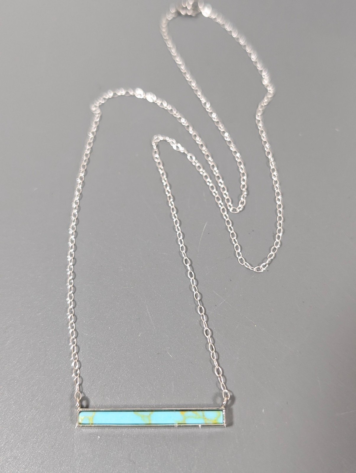 Beachy Boho Coastal Chic Faux Turquoise Bar Chain Necklace Silver Tone 18 in