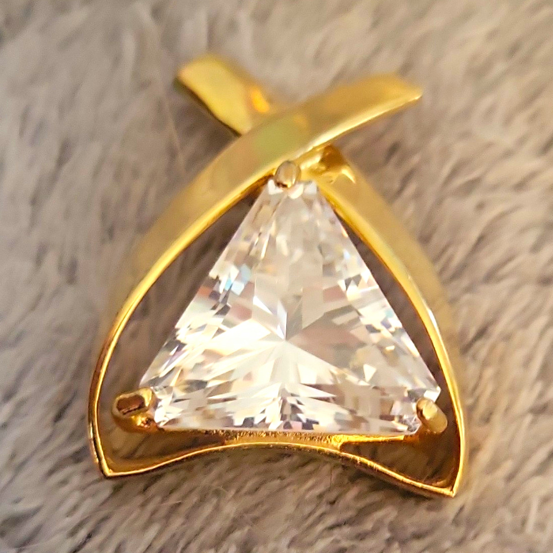 Gold Tone Yellow Gold Metal Triangle Trillion CZ Pendant, Prong Set
